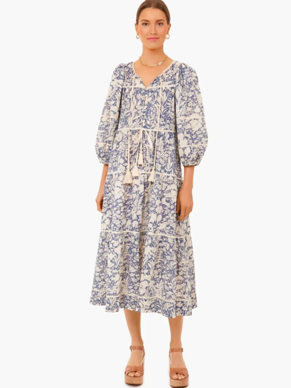 The Great Tassel Tie Blouson Dress Mariner Blue Island Floral SZ O
